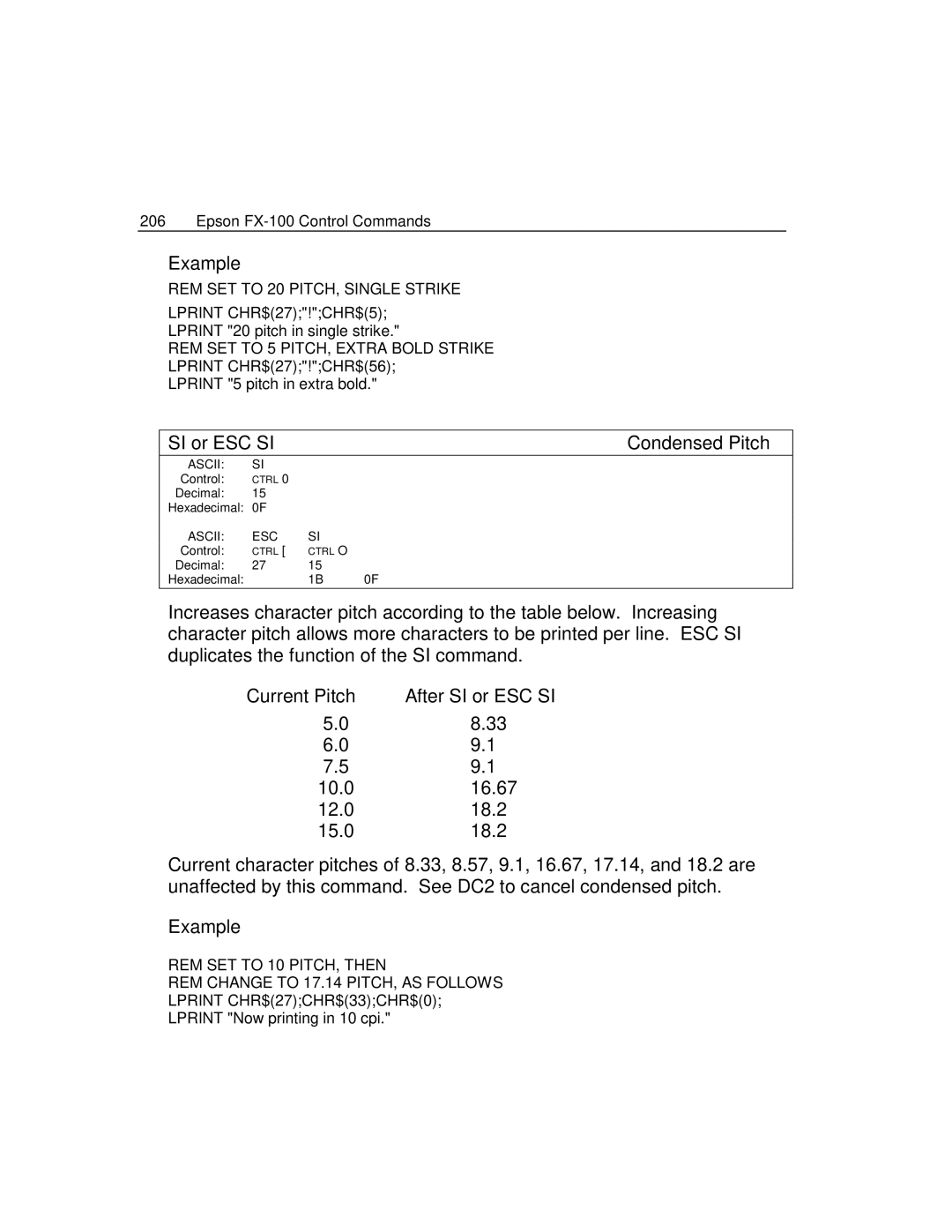 Epson 4100 manual Example, Current Pitch After SI or ESC SI 