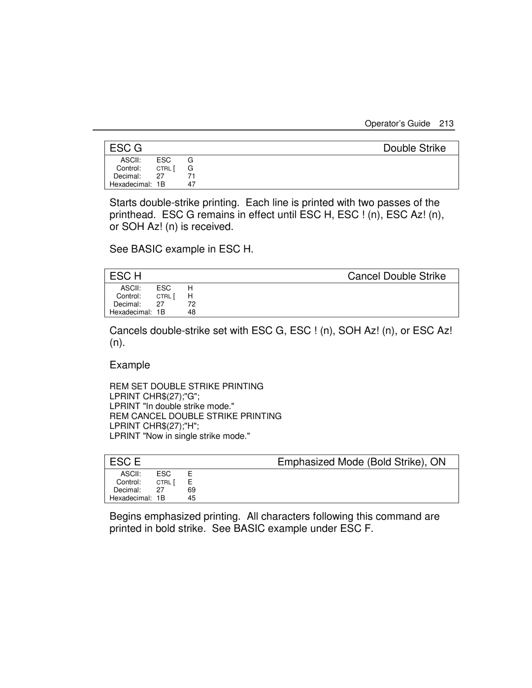 Epson 4100 manual Esc G, Esc H, Esc E 