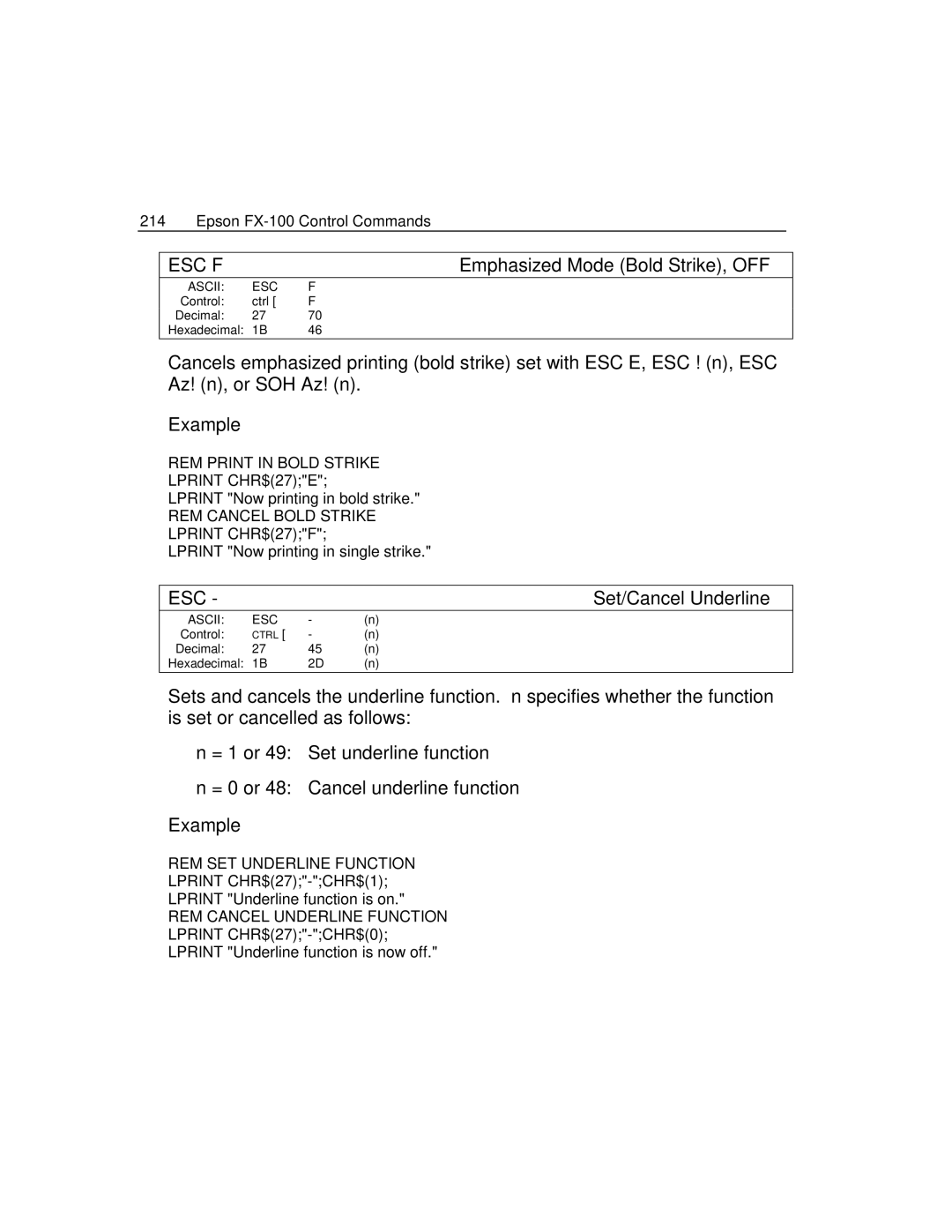 Epson 4100 manual Esc F, Set/Cancel Underline 