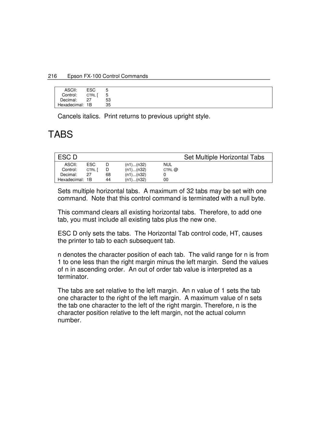 Epson 4100 manual Tabs, Esc D 