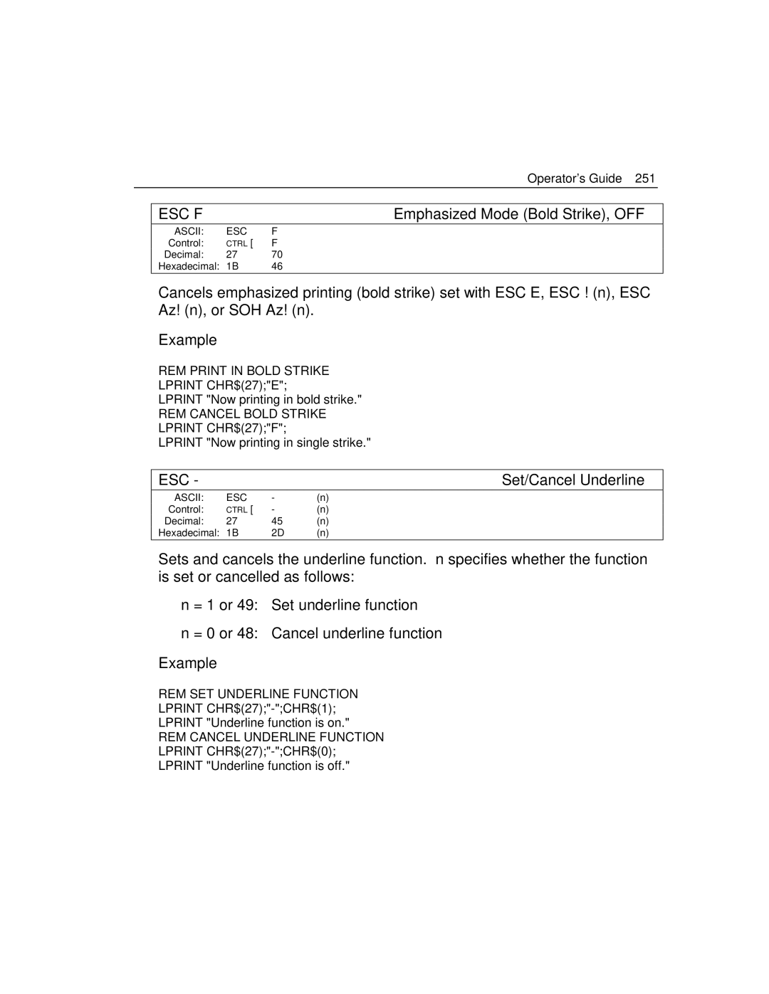 Epson 4100 manual Lprint CHR$27-CHR$0 Lprint Underline function is off 