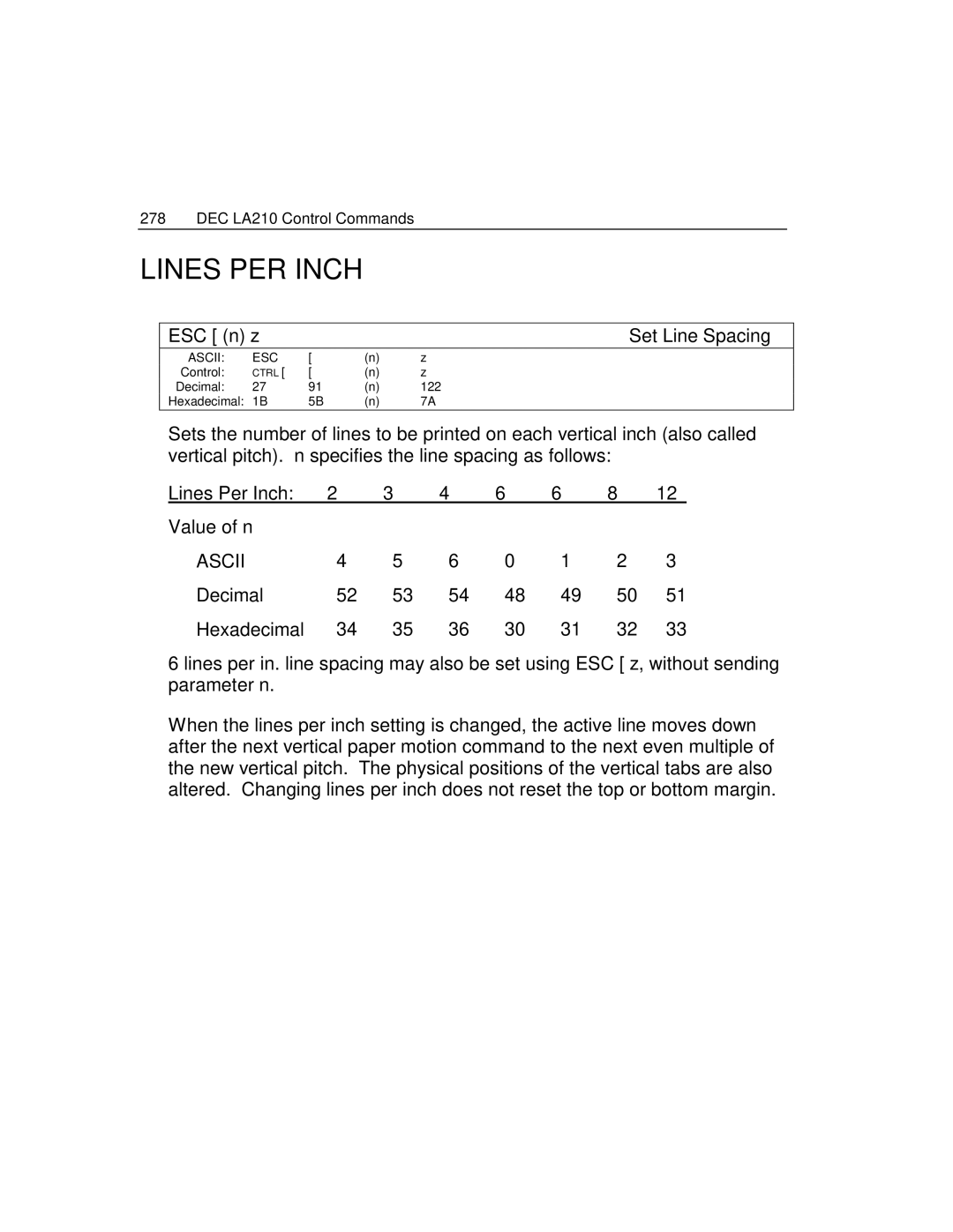 Epson 4100 manual Lines PER Inch, ESC n z Set Line Spacing, Lines Per Inch, Decimal Hexadecimal 