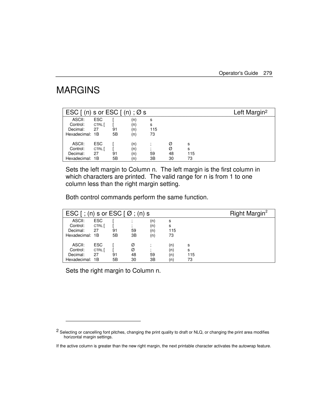 Epson 4100 manual Margins, ESC n s or ESC n Ø s Left Margin, ESC n s or ESC Ø n s Right Margin 