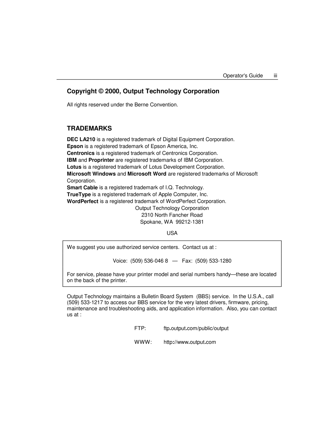 Epson 4100 manual Copyright 2000, Output Technology Corporation, Trademarks 