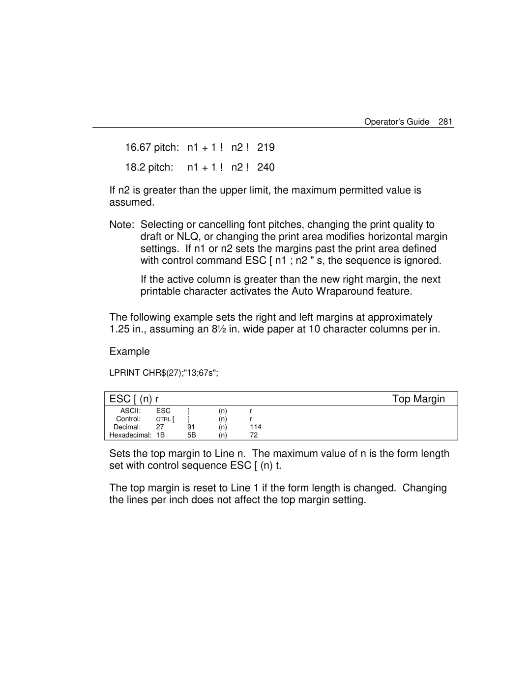 Epson 4100 manual Example, ESC n r Top Margin 