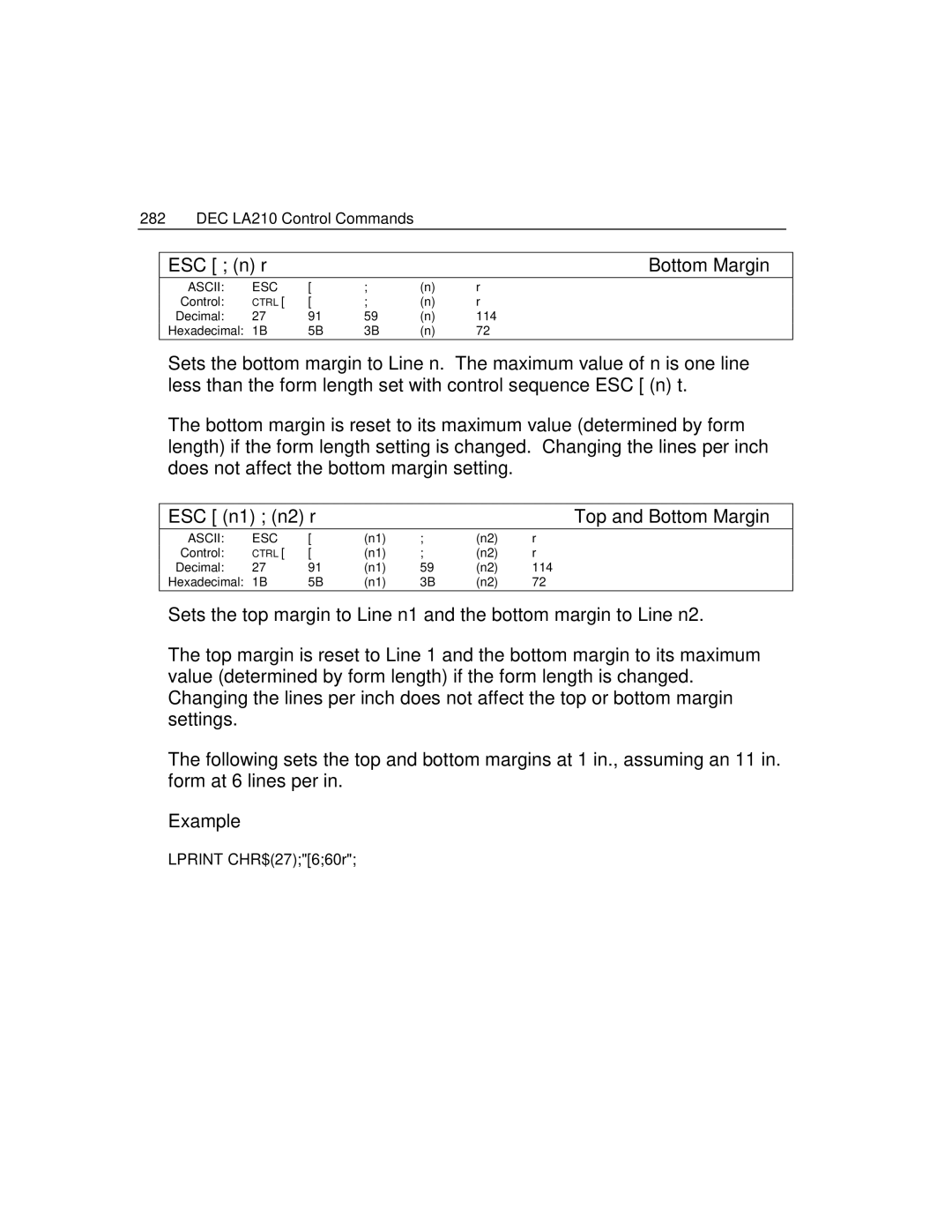 Epson 4100 manual DEC LA210 Control Commands ESC n r Bottom Margin, ESC n1 n2 r Top and Bottom Margin 