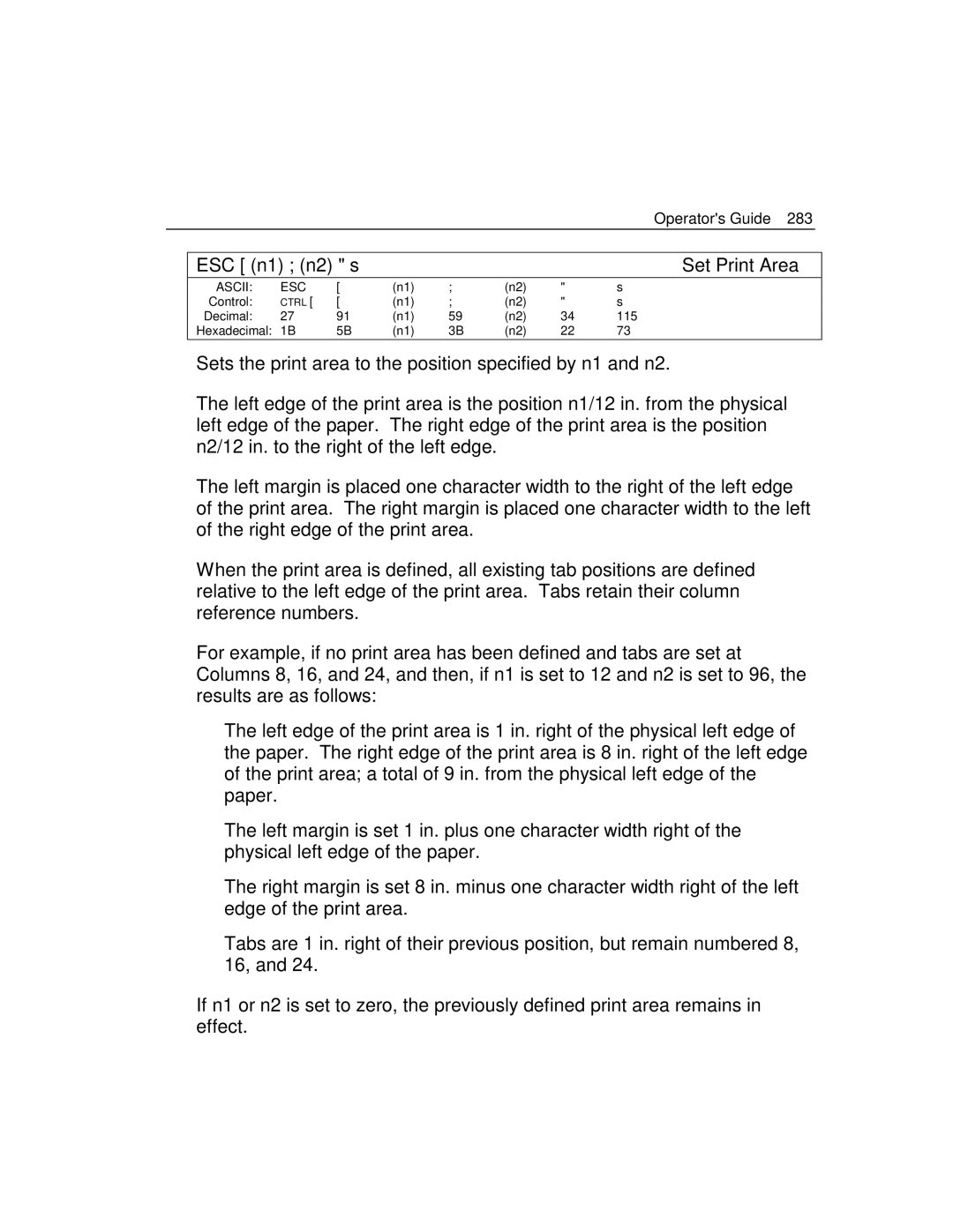 Epson 4100 manual Operators Guide ESC n1 n2 s Set Print Area 