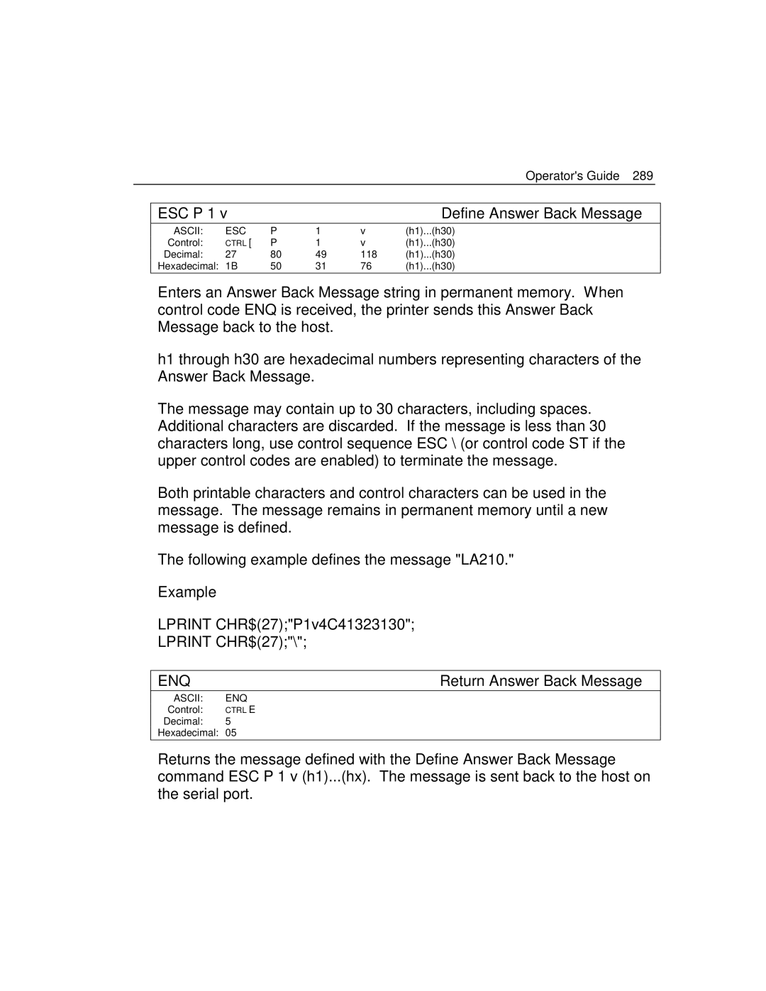 Epson 4100 manual Operators Guide ESC P 1 Define Answer Back Message, Enq 