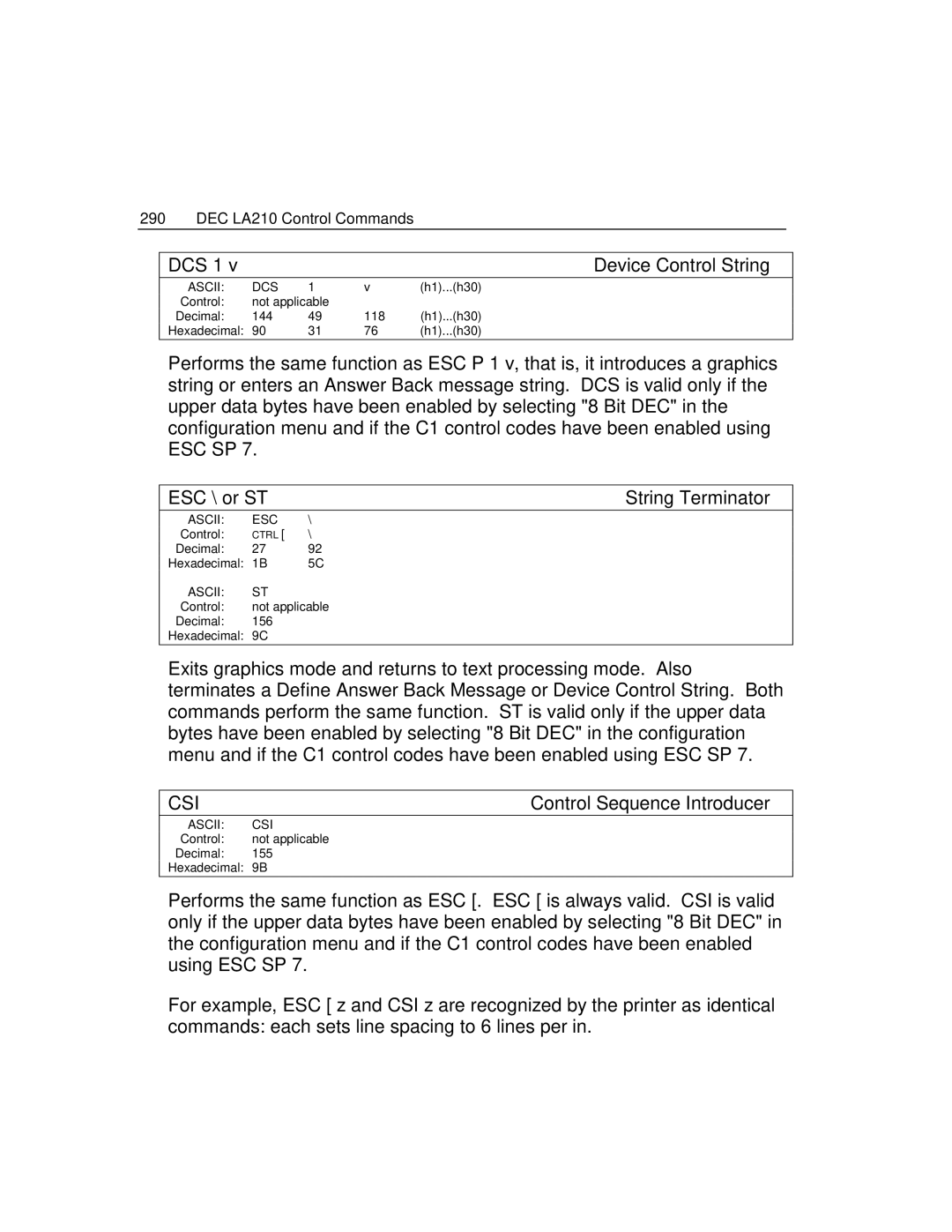 Epson 4100 manual DEC LA210 Control Commands DCS 1 Device Control String, ESC \ or ST String Terminator 