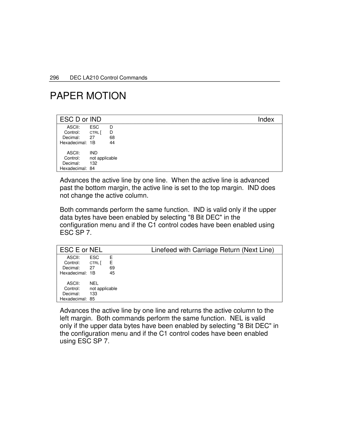 Epson 4100 manual Paper Motion, ESC D or IND Index, ESC E or NEL Linefeed with Carriage Return Next Line 