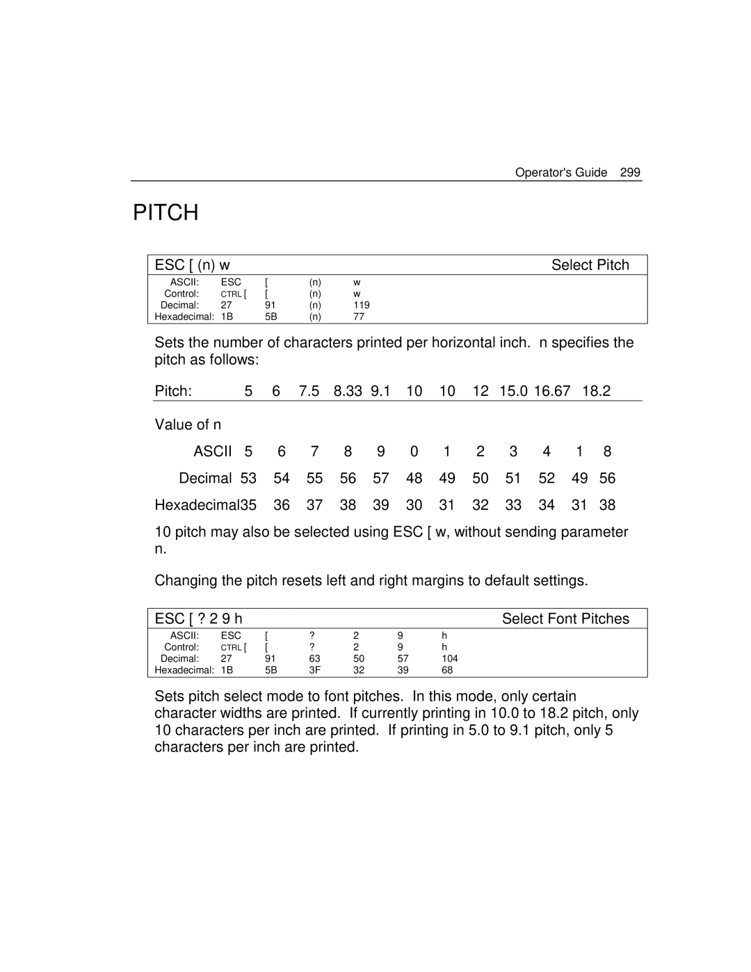 Epson 4100 manual Operators Guide, ESC n w Select Pitch, Ascii, ESC ? 2 9 h Select Font Pitches 