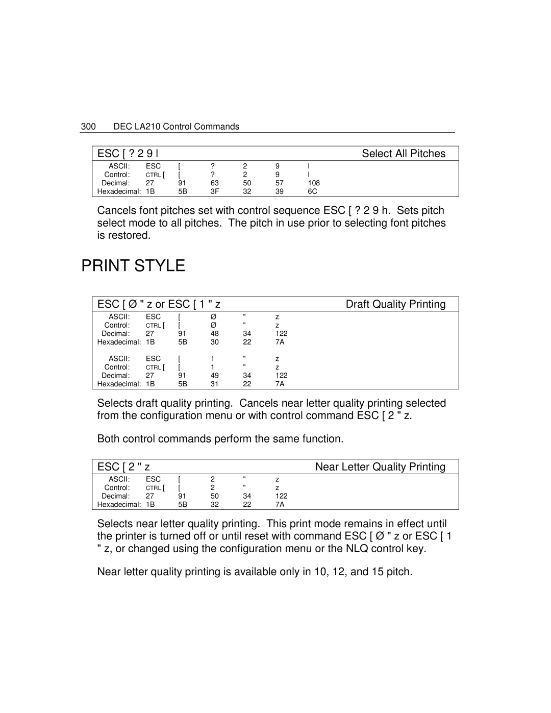 Epson 4100 manual ESC Ø z or ESC 1 z Draft Quality Printing, ESC 2 z Near Letter Quality Printing 