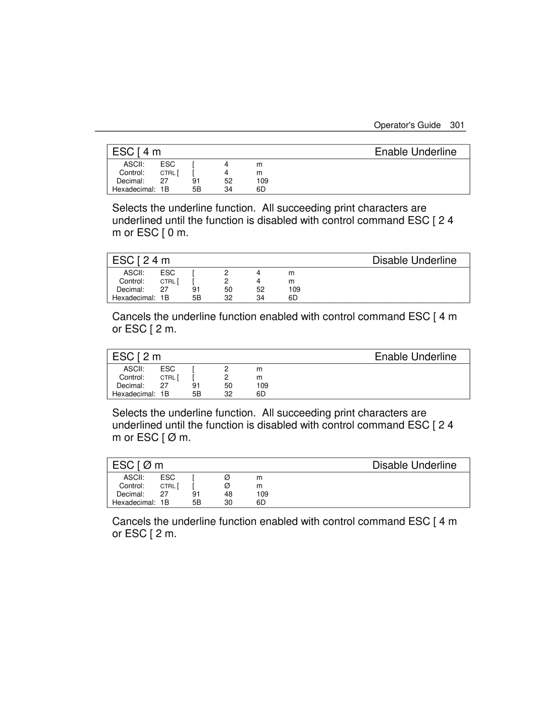 Epson 4100 manual Operators Guide ESC 4 m Enable Underline, ESC 2 4 m Disable Underline, ESC 2 m Enable Underline 