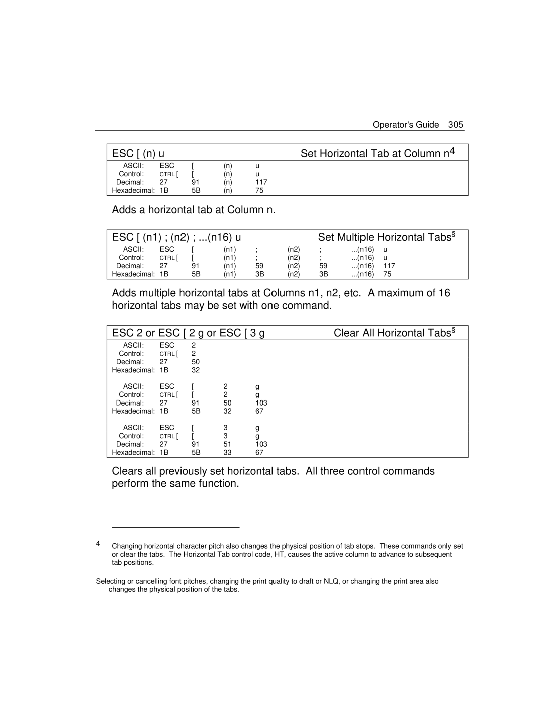 Epson 4100 Operators Guide ESC n u Set Horizontal Tab at Column n4, ESC n1 n2 ...n16 u Set Multiple Horizontal Tabs § 