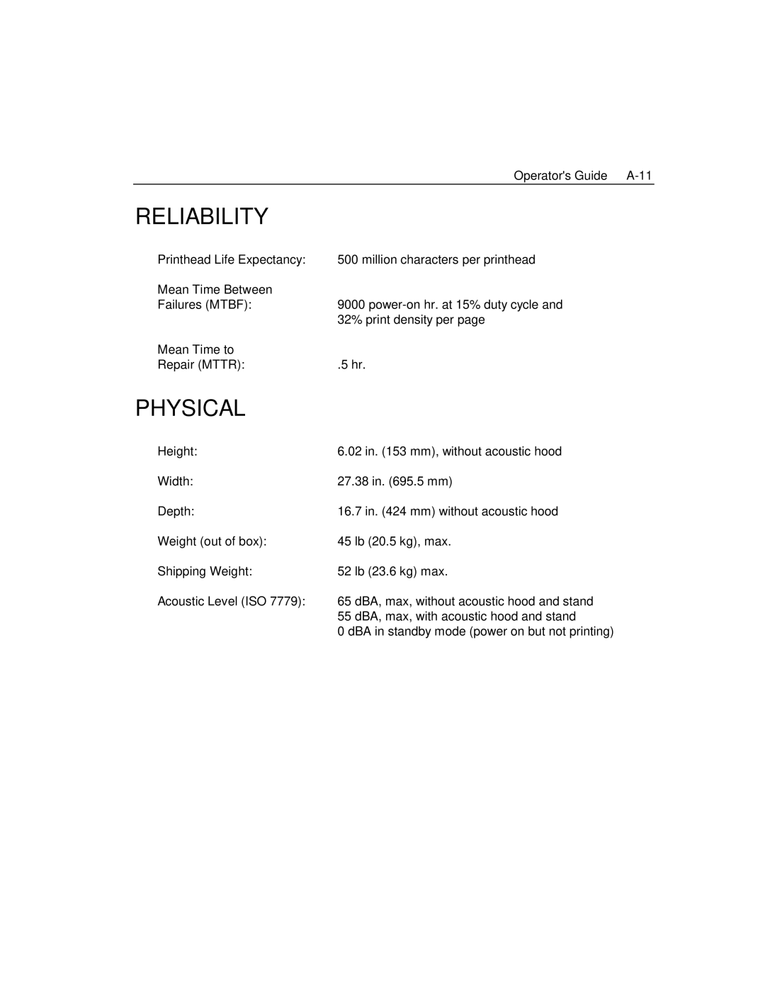 Epson 4100 manual Reliability, Physical 