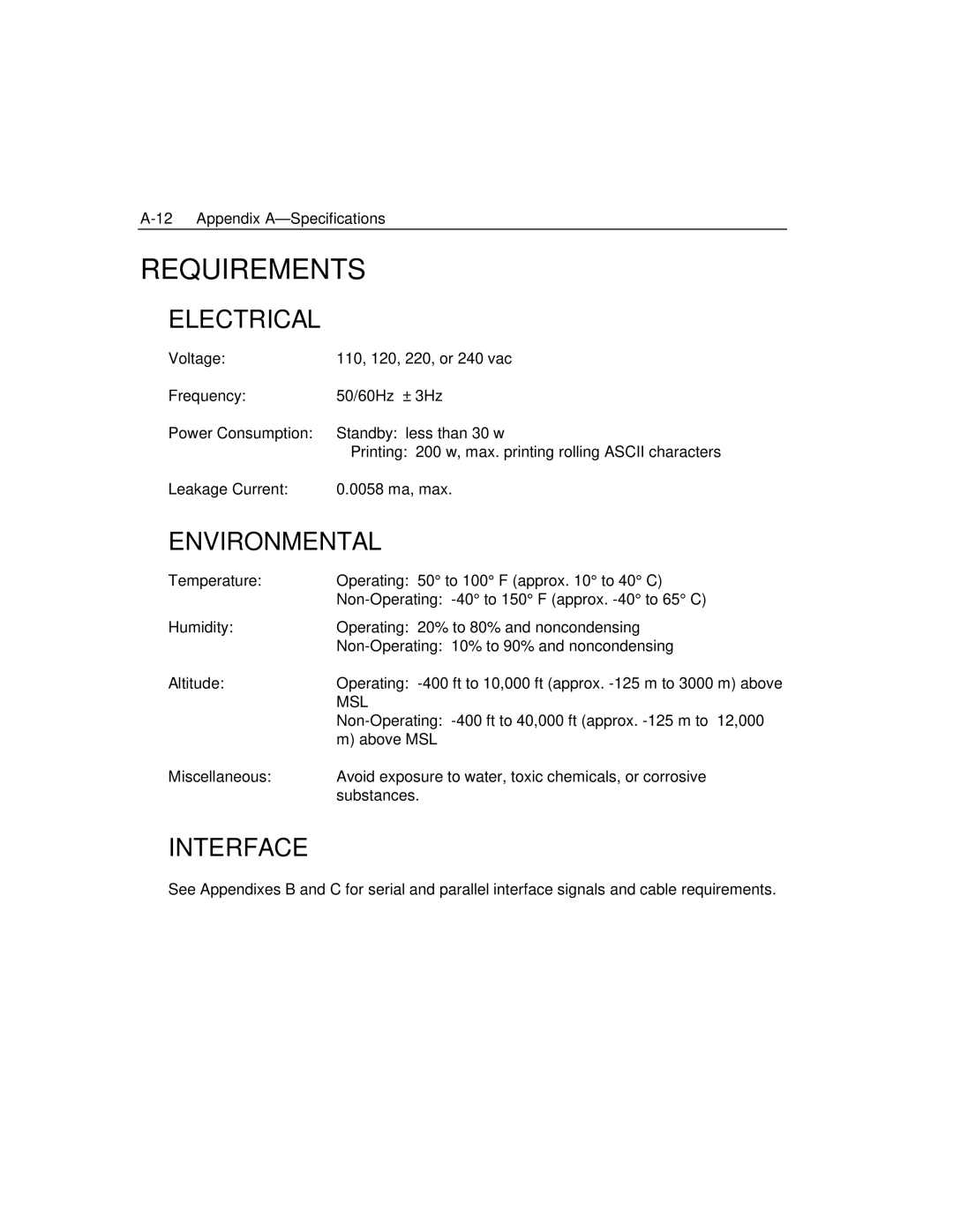 Epson 4100 manual Requirements, Electrical, Environmental, Interface 