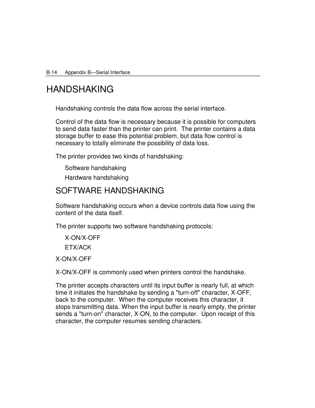 Epson 4100 manual Software Handshaking, On/X-Off Etx/Ack 