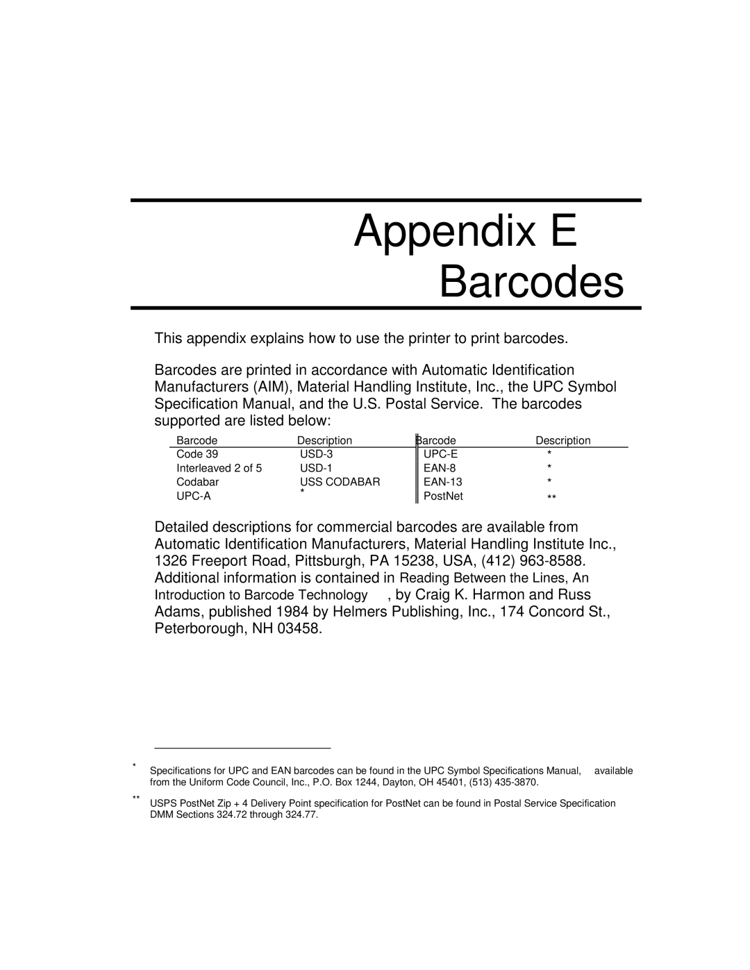 Epson 4100 manual Appendix E Barcodes 