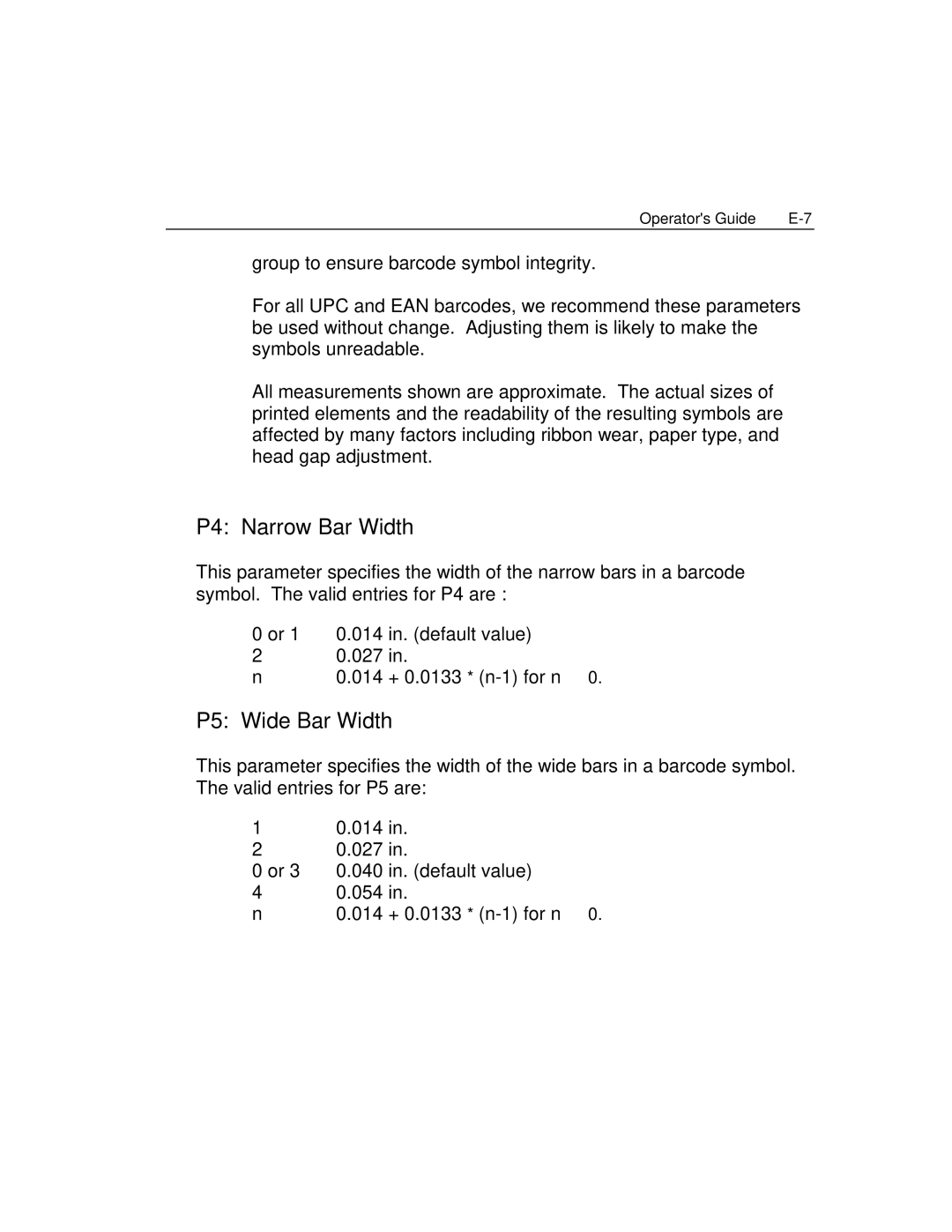 Epson 4100 manual P4 Narrow Bar Width, P5 Wide Bar Width 