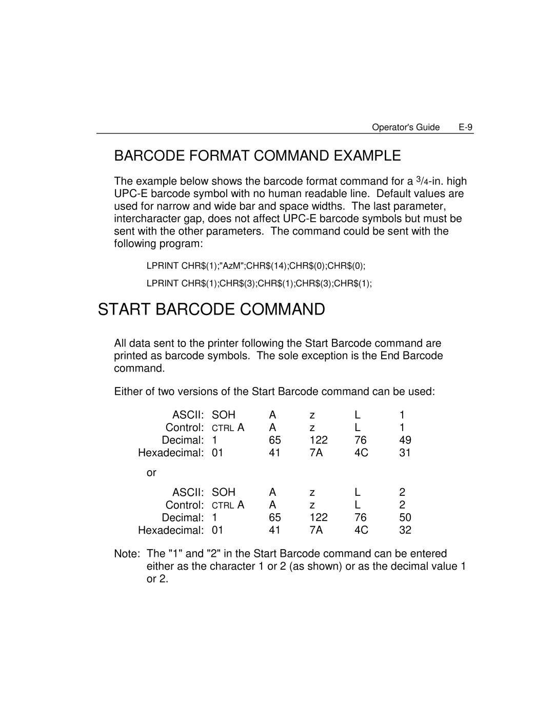 Epson 4100 manual Start Barcode Command, Barcode Format Command Example, Control, Decimal 122 