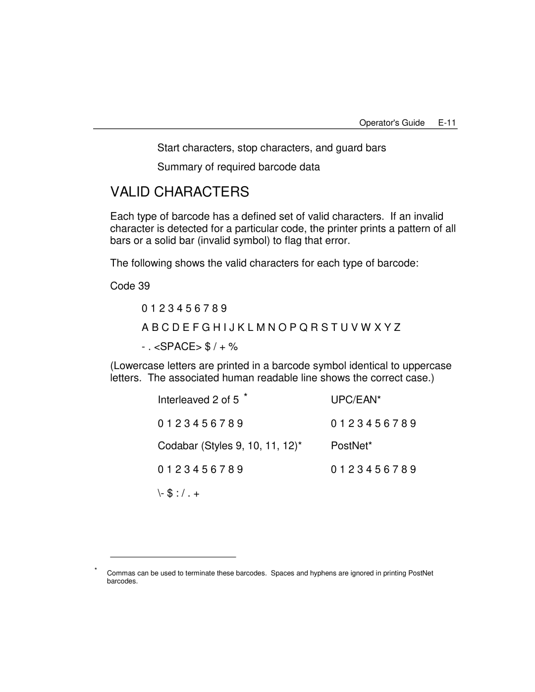 Epson 4100 manual Valid Characters, Code, C D E F G H I J K L M N O P Q R S T U V W X Y Z, Interleaved 2 