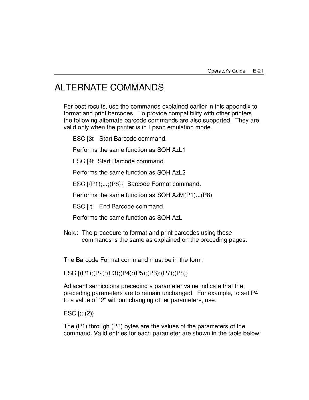 Epson 4100 manual Alternate Commands, ESC P1P2P3P4P5P6P7P8, Esc 