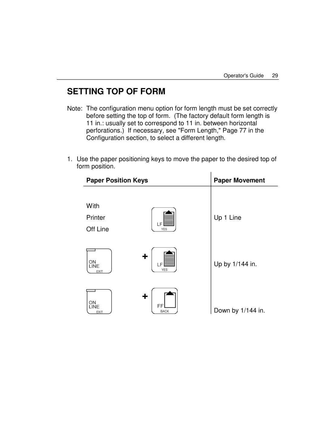 Epson 4100 manual Setting TOP of Form, Paper Position Keys Paper Movement 