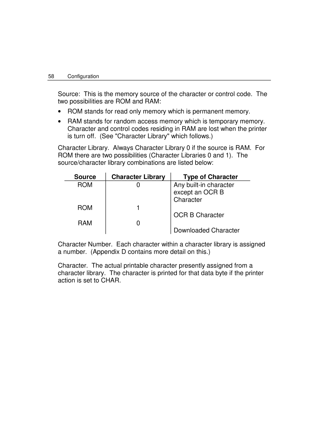 Epson 4100 manual Source Character Library Type of Character, Rom, Ram 