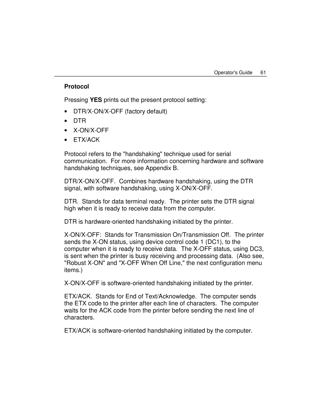 Epson 4100 manual Protocol, Dtr On/X-Off Etx/Ack 