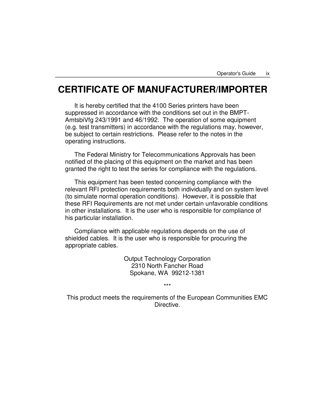 Epson 4100 manual Certificate of MANUFACTURER/IMPORTER 