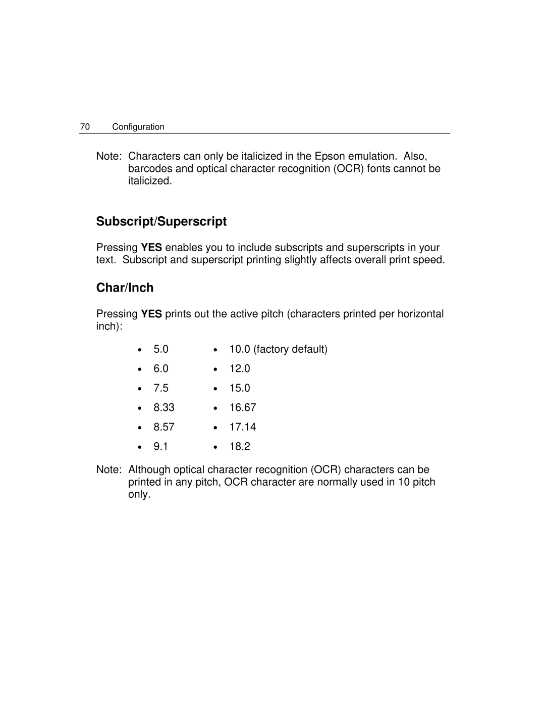 Epson 4100 manual Subscript/Superscript, Char/Inch 