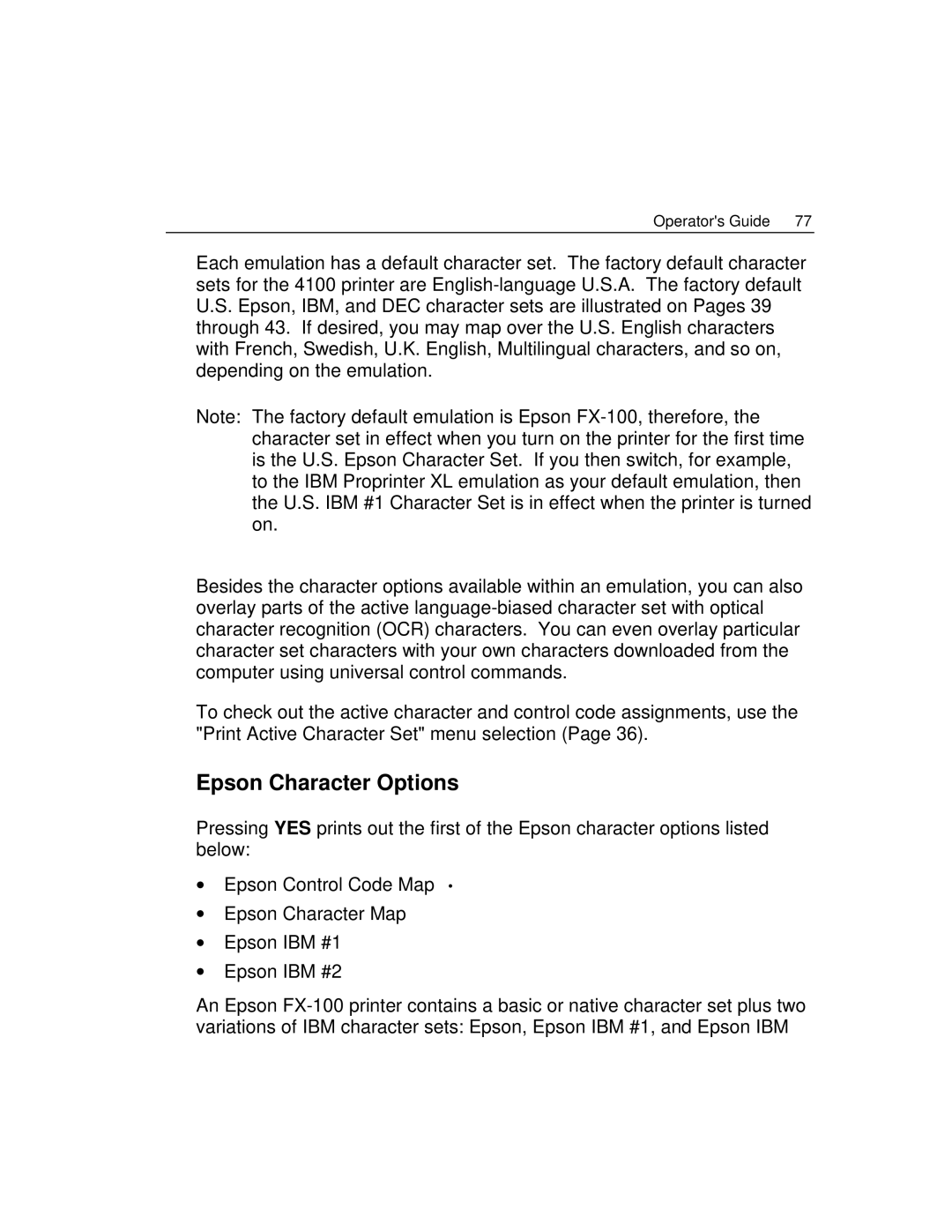 Epson 4100 manual Epson Character Options 