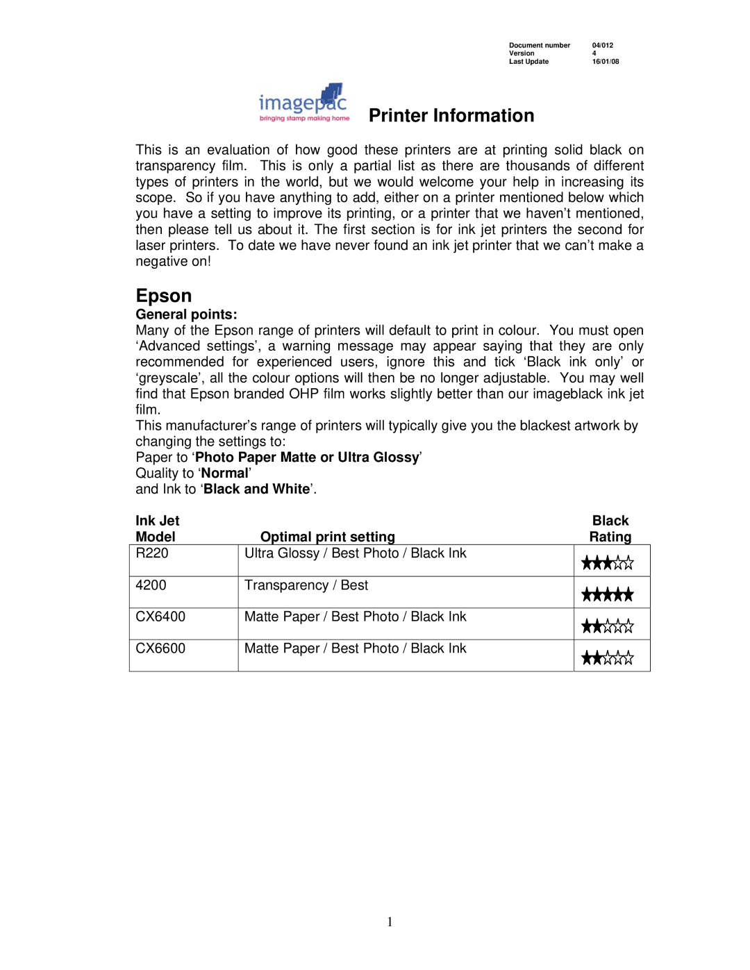 Epson 4200 manual Printer Information, Epson, General points 