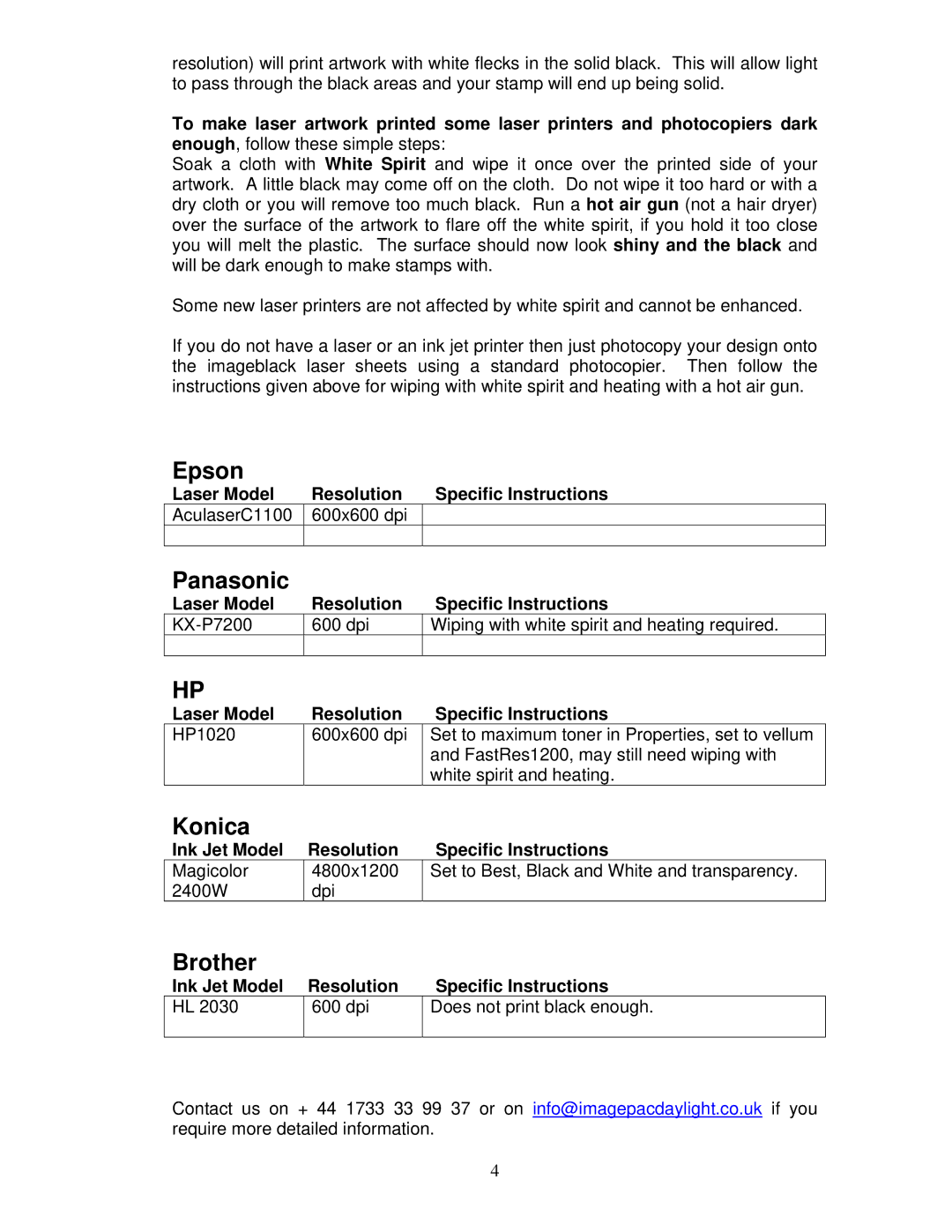 Epson 4200 manual Panasonic, Konica, Brother, Laser Model Resolution Specific Instructions 