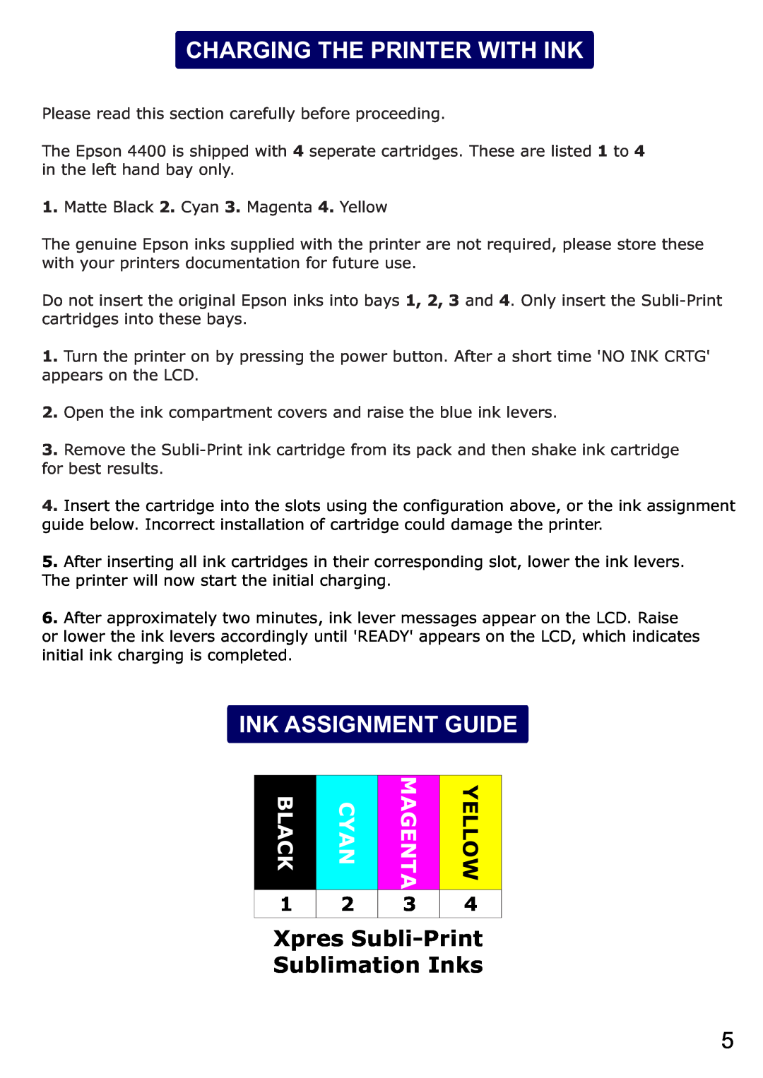 Epson 4450 Charging The Printer With Ink, Ink Assignment Guide, Xpres Subli-Print Sublimation Inks, Black, Cyan, Magenta 