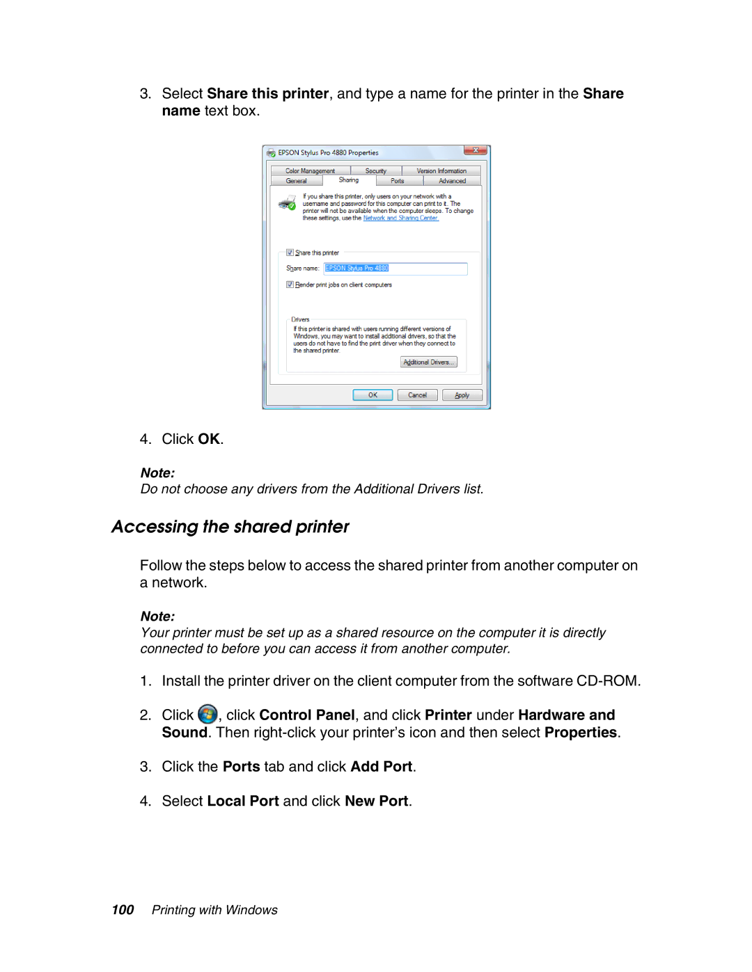 Epson 4880 manual Accessing the shared printer, Select Local Port and click New Port 