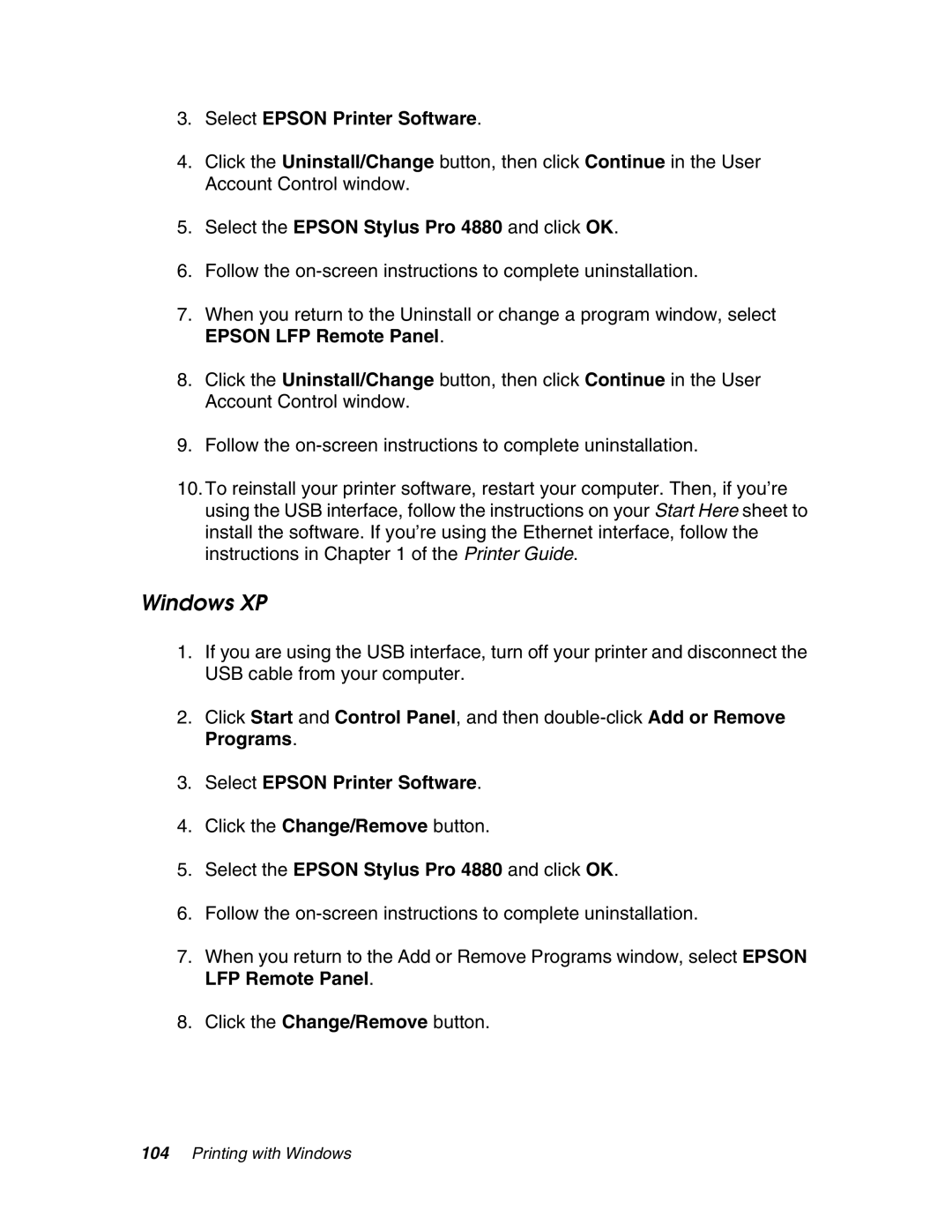 Epson 4880 manual Windows XP, Click the Change/Remove button 