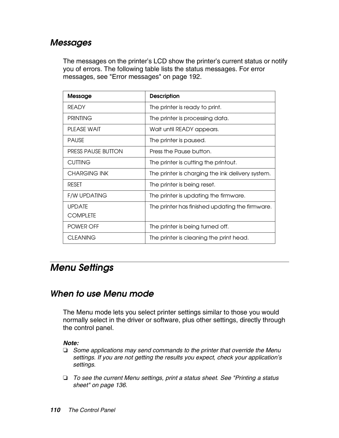 Epson 4880 manual Menu Settings, Messages, When to use Menu mode 