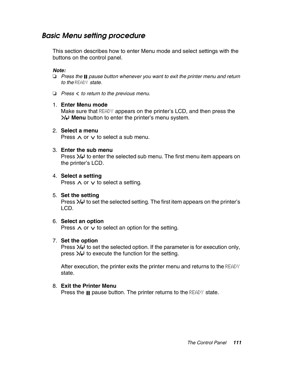 Epson 4880 manual Basic Menu setting procedure, Press or to select a sub menu, Press or to select a setting 