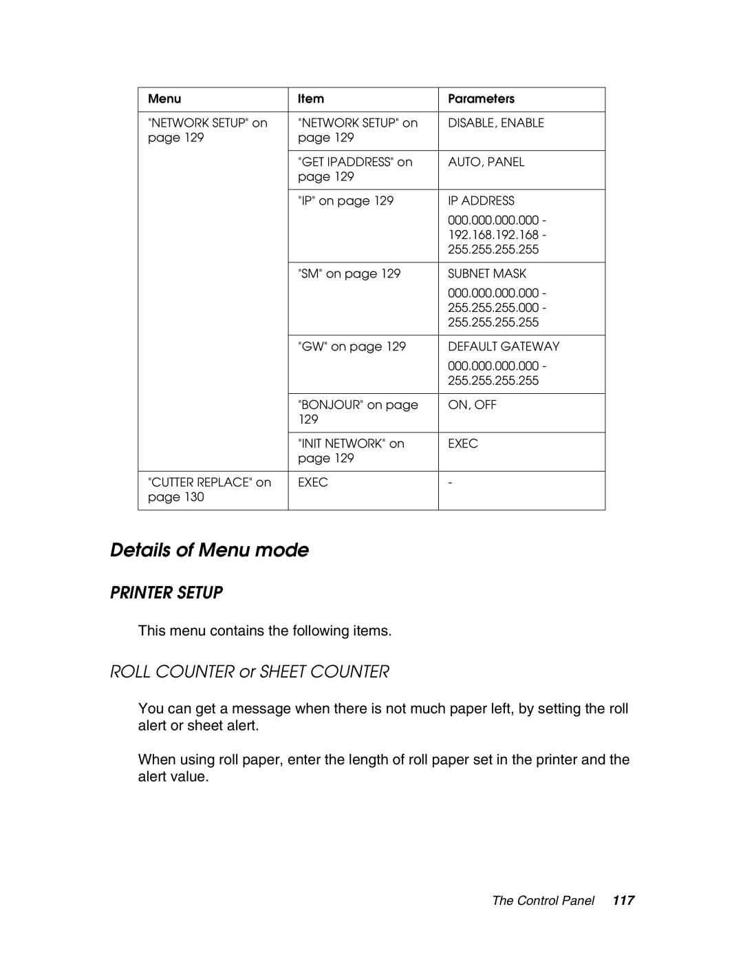 Epson 4880 Details of Menu mode, Printer Setup, Roll Counter or Sheet Counter, This menu contains the following items 