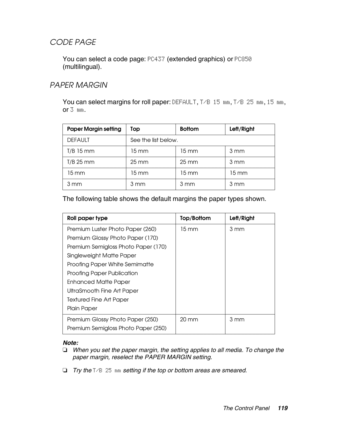 Epson 4880 manual Code, Paper Margin 