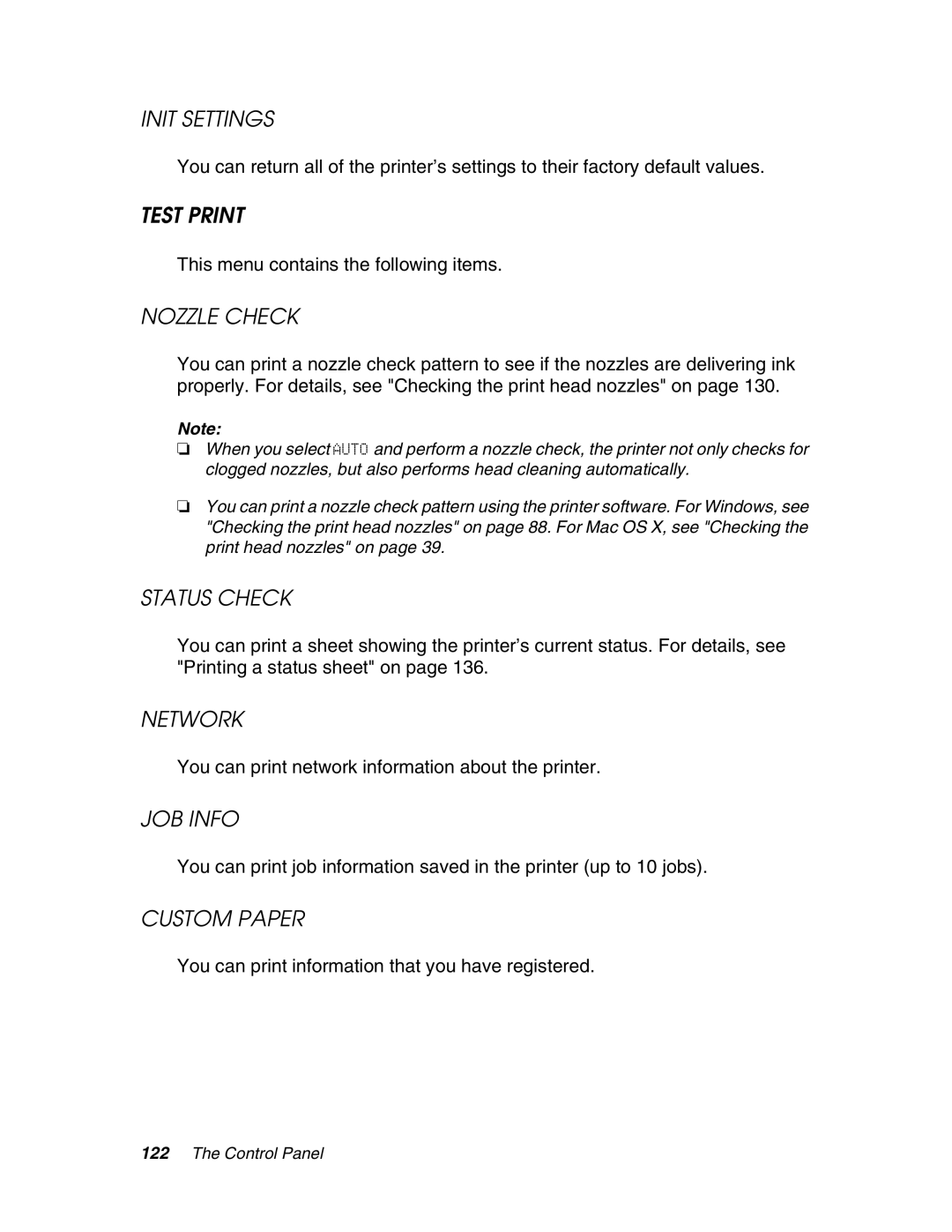 Epson 4880 manual Init Settings, Test Print, Nozzle Check, Status Check, Network, JOB Info, Custom Paper 