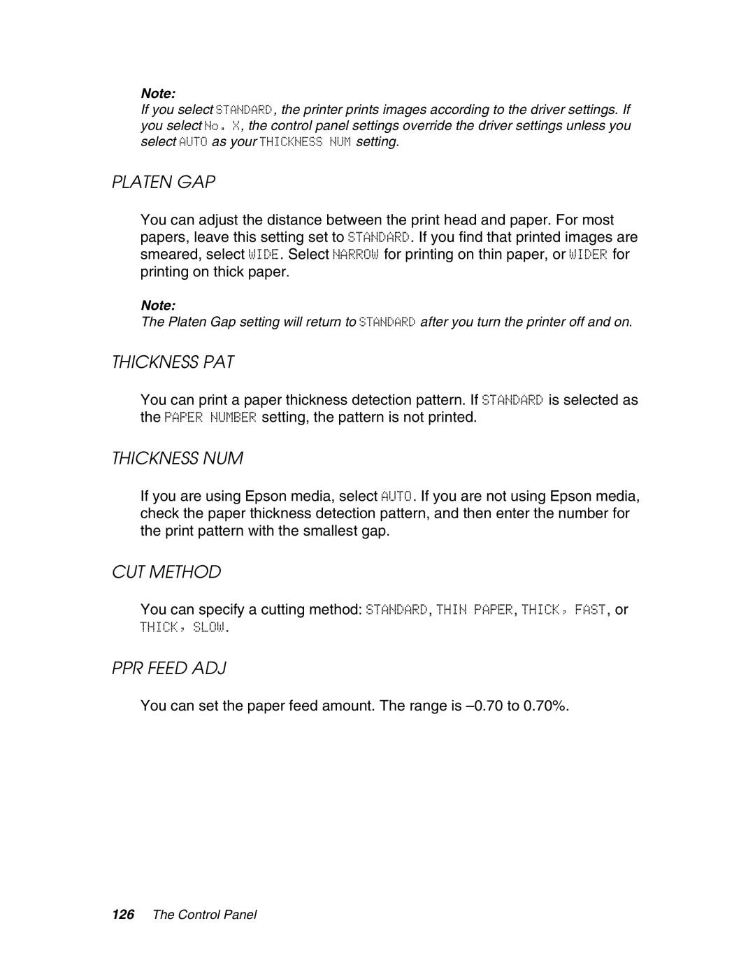 Epson 4880 manual Thickness PAT, Thickness NUM, CUT Method, PPR Feed ADJ 