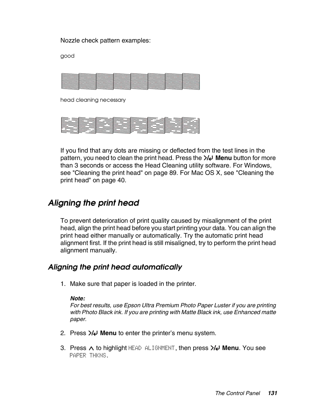 Epson 4880 manual Aligning the print head automatically, Nozzle check pattern examples 