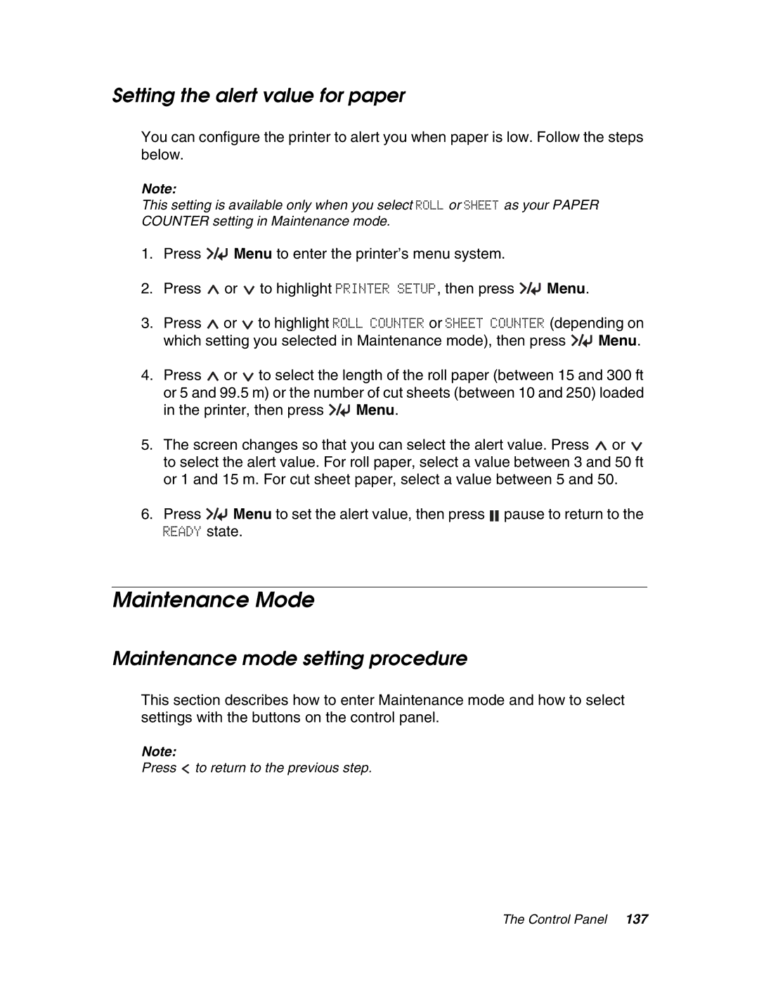 Epson 4880 manual Maintenance Mode, Setting the alert value for paper, Maintenance mode setting procedure 