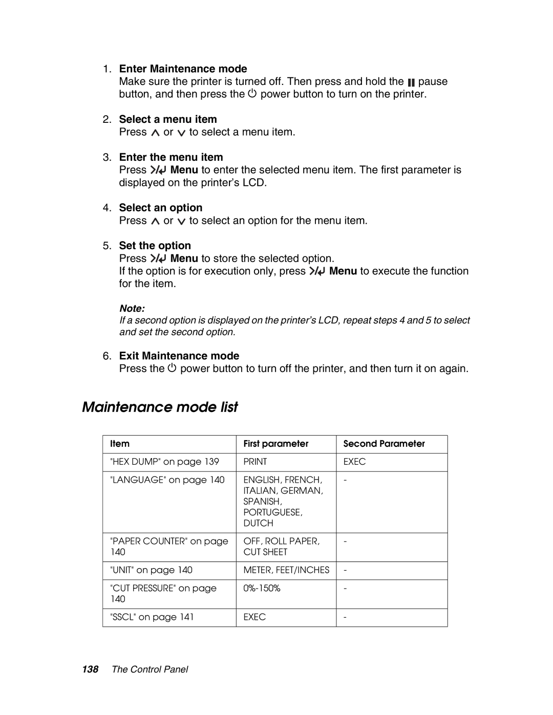 Epson 4880 manual Maintenance mode list, Press or to select a menu item, Press or to select an option for the menu item 