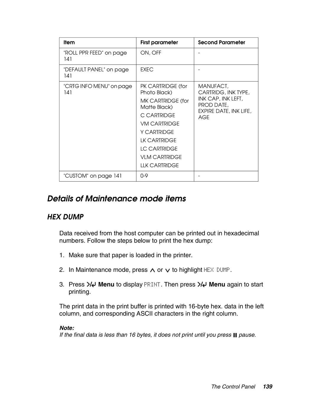 Epson 4880 manual Details of Maintenance mode items, HEX Dump 