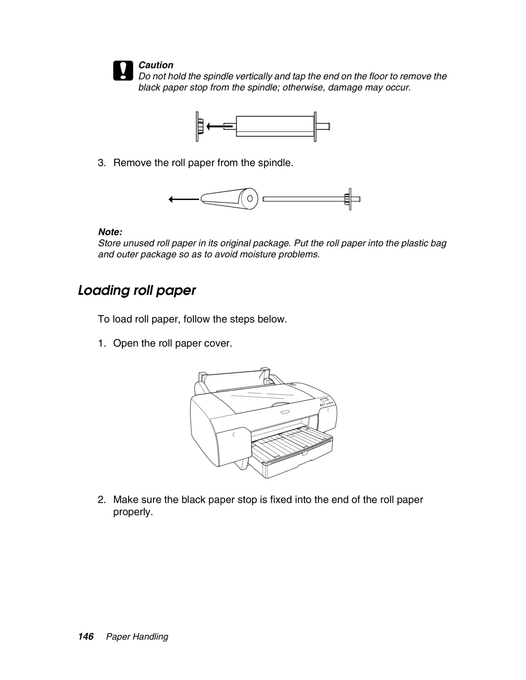 Epson 4880 manual Loading roll paper, Remove the roll paper from the spindle 