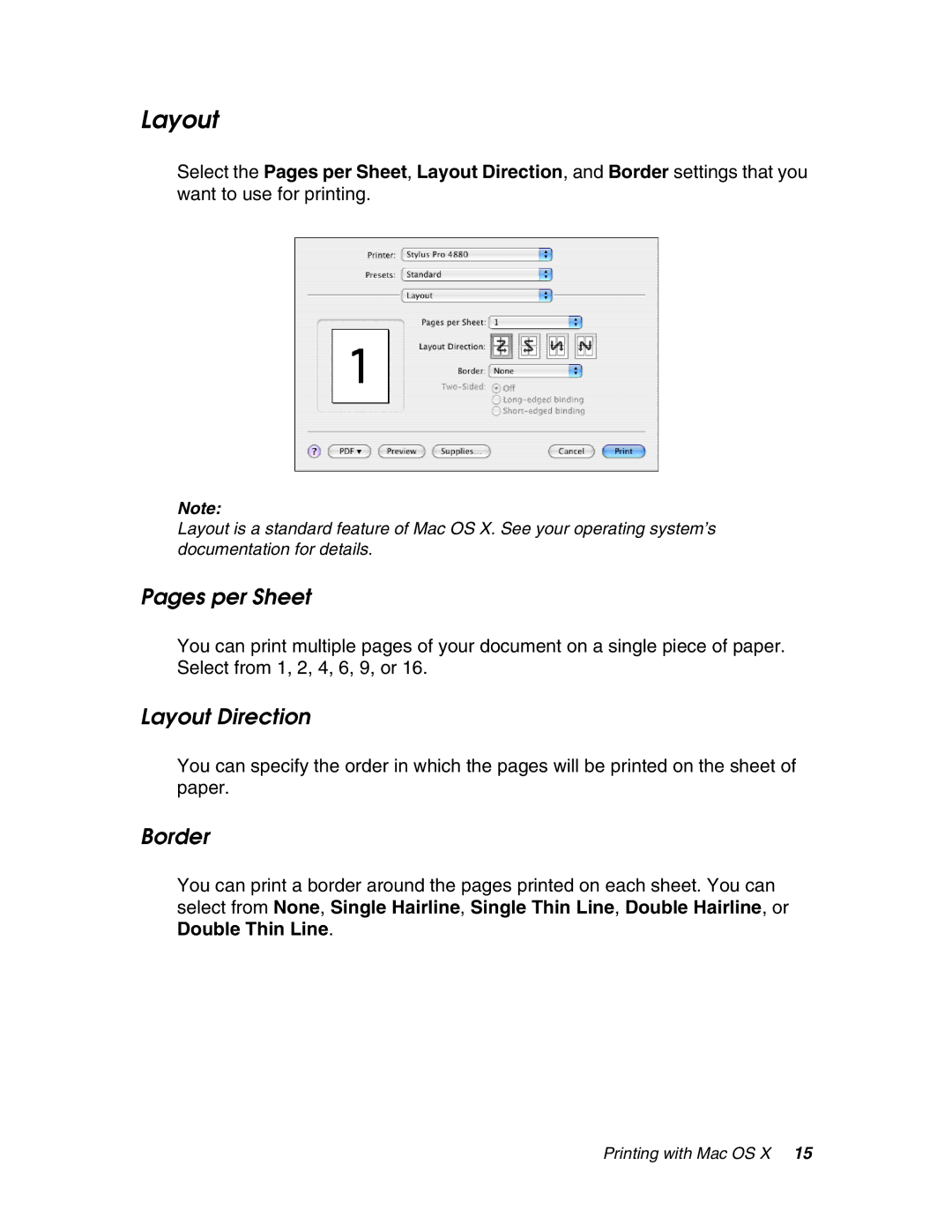 Epson 4880 manual Pages per Sheet, Layout Direction, Border 