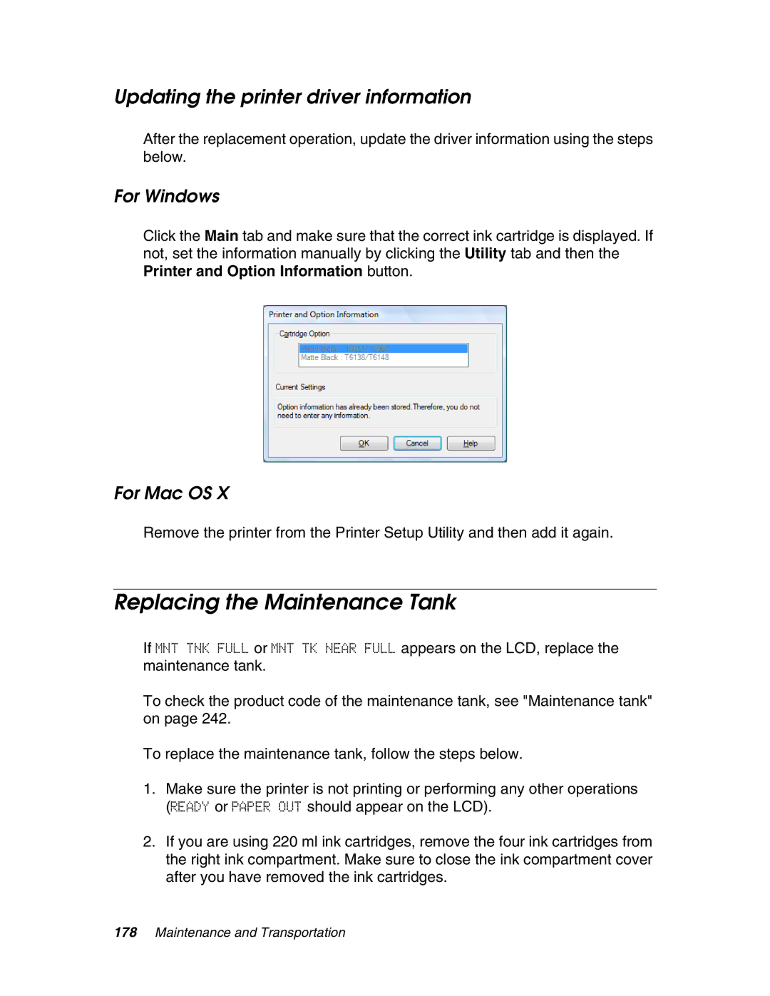 Epson 4880 manual Replacing the Maintenance Tank, Updating the printer driver information, For Windows, For Mac OS 